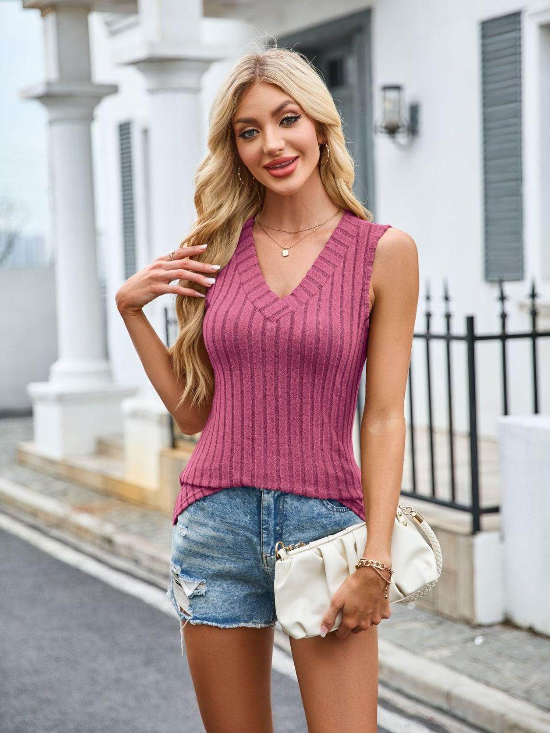 Ribbed Solid Color V-Neck Tank for Women Stylish Wear
