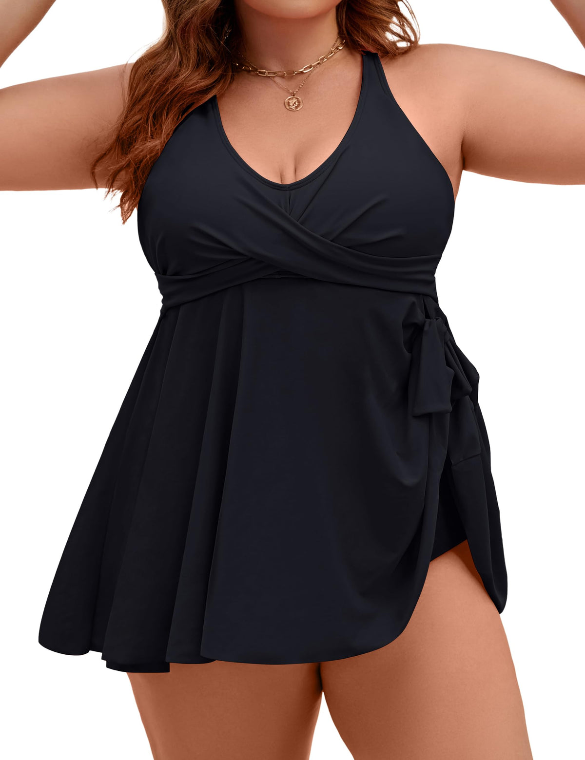 Plus Size Tankini Swimsuit Two Piece Tummy Control Bathing Suits | V Neck,Adjustable Straps,Removable Pads,Crisscross Tie Back,Full Coverage Swimdress with Shorts,Beach & Water Activities