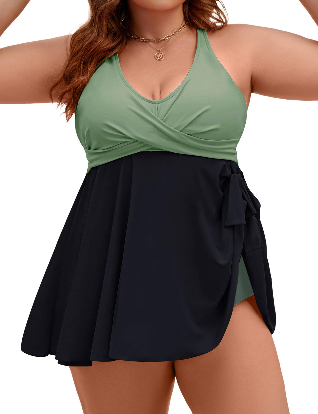 Plus Size Tankini Swimsuit Two Piece Tummy Control Bathing Suits | V Neck,Adjustable Straps,Removable Pads,Crisscross Tie Back,Full Coverage Swimdress with Shorts,Beach & Water Activities
