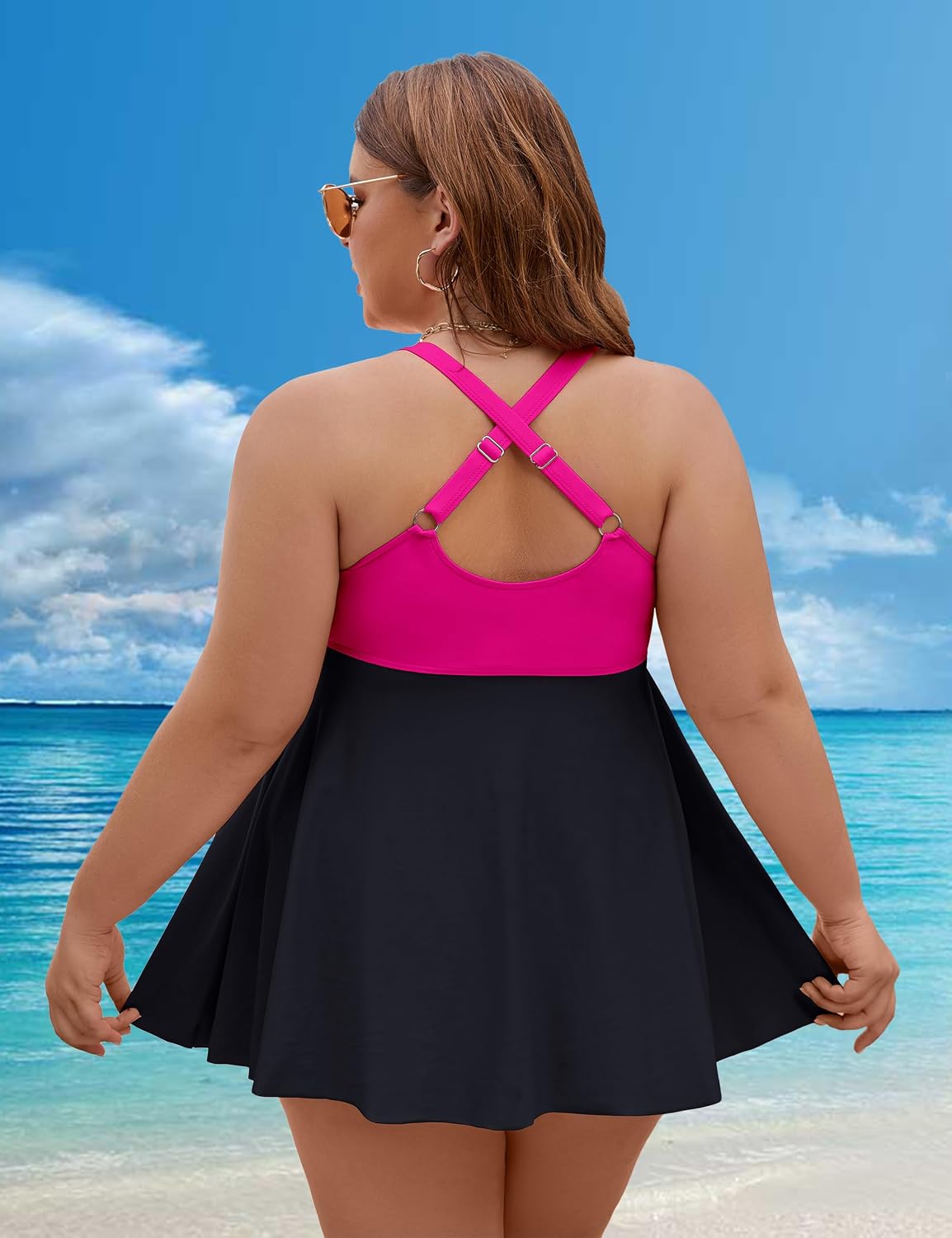 Plus Size Tankini Swimsuit Two Piece Tummy Control Bathing Suits | V Neck,Adjustable Straps,Removable Pads,Crisscross Tie Back,Full Coverage Swimdress with Shorts,Beach & Water Activities