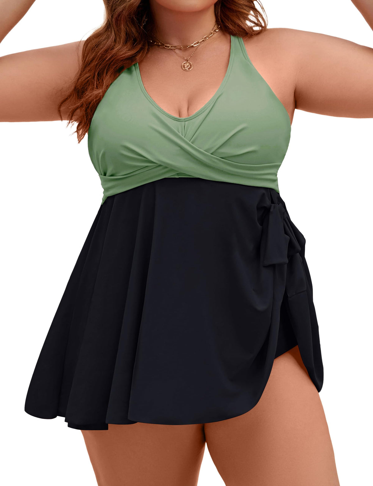 Plus Size Tankini Swimsuit Two Piece Tummy Control Bathing Suits | V Neck,Adjustable Straps,Removable Pads,Crisscross Tie Back,Full Coverage Swimdress with Shorts,Beach & Water Activities