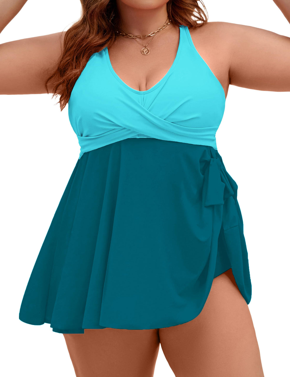 Plus Size Tankini Swimsuit Two Piece Tummy Control Bathing Suits | V Neck,Adjustable Straps,Removable Pads,Crisscross Tie Back,Full Coverage Swimdress with Shorts,Beach & Water Activities