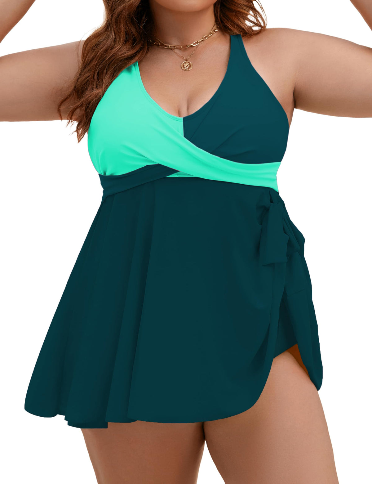 Plus Size Tankini Swimsuit Two Piece Tummy Control Bathing Suits | V Neck,Adjustable Straps,Removable Pads,Crisscross Tie Back,Full Coverage Swimdress with Shorts,Beach & Water Activities