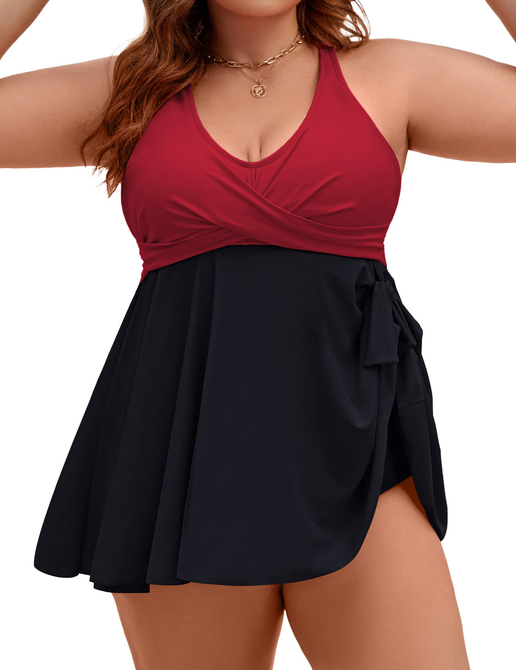 Plus Size Tankini Swimsuit Two Piece Tummy Control Bathing Suits | V Neck,Adjustable Straps,Removable Pads,Crisscross Tie Back,Full Coverage Swimdress with Shorts,Beach & Water Activities