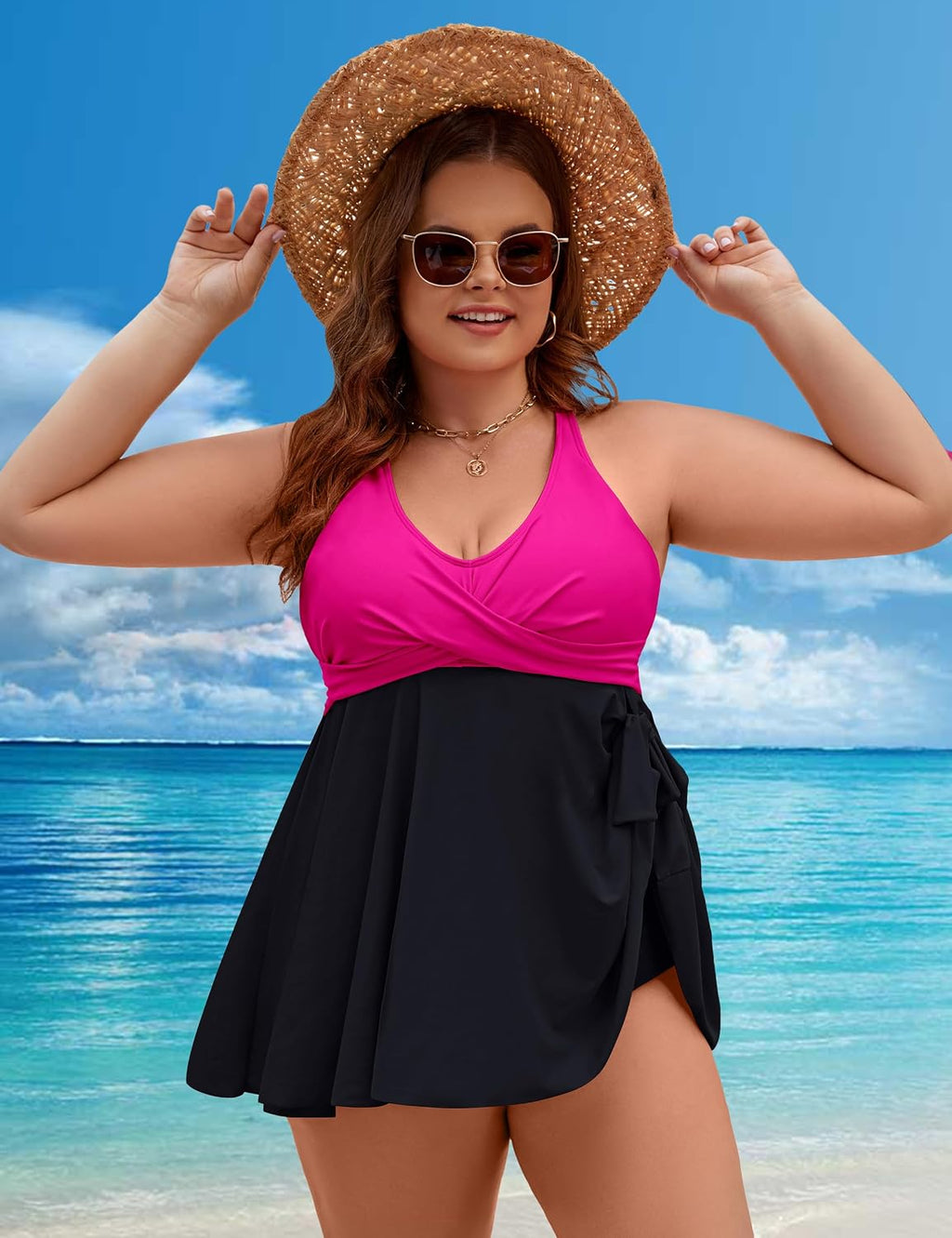 Plus Size Tankini Swimsuit Two Piece Tummy Control Bathing Suits | V Neck,Adjustable Straps,Removable Pads,Crisscross Tie Back,Full Coverage Swimdress with Shorts,Beach & Water Activities
