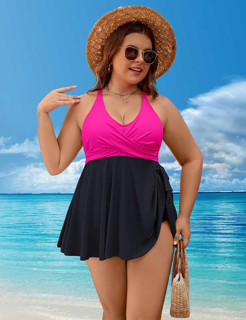 Plus Size Tankini Swimsuit Two Piece Tummy Control Bathing Suits | V Neck,Adjustable Straps,Removable Pads,Crisscross Tie Back,Full Coverage Swimdress with Shorts,Beach & Water Activities