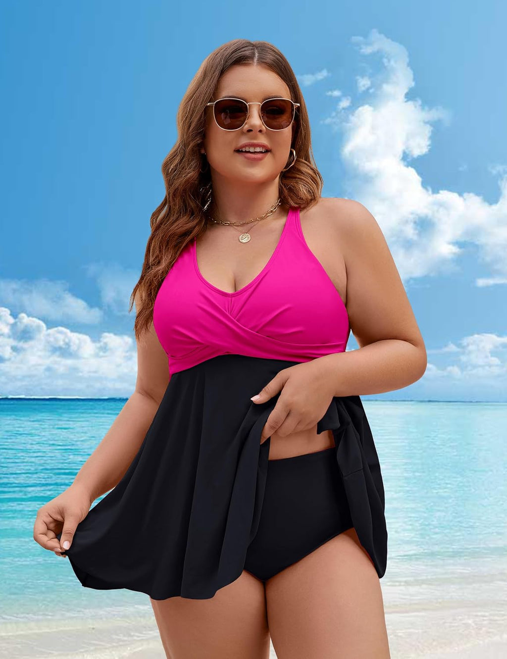 Plus Size Tankini Swimsuit Two Piece Tummy Control Bathing Suits | V Neck,Adjustable Straps,Removable Pads,Crisscross Tie Back,Full Coverage Swimdress with Shorts,Beach & Water Activities
